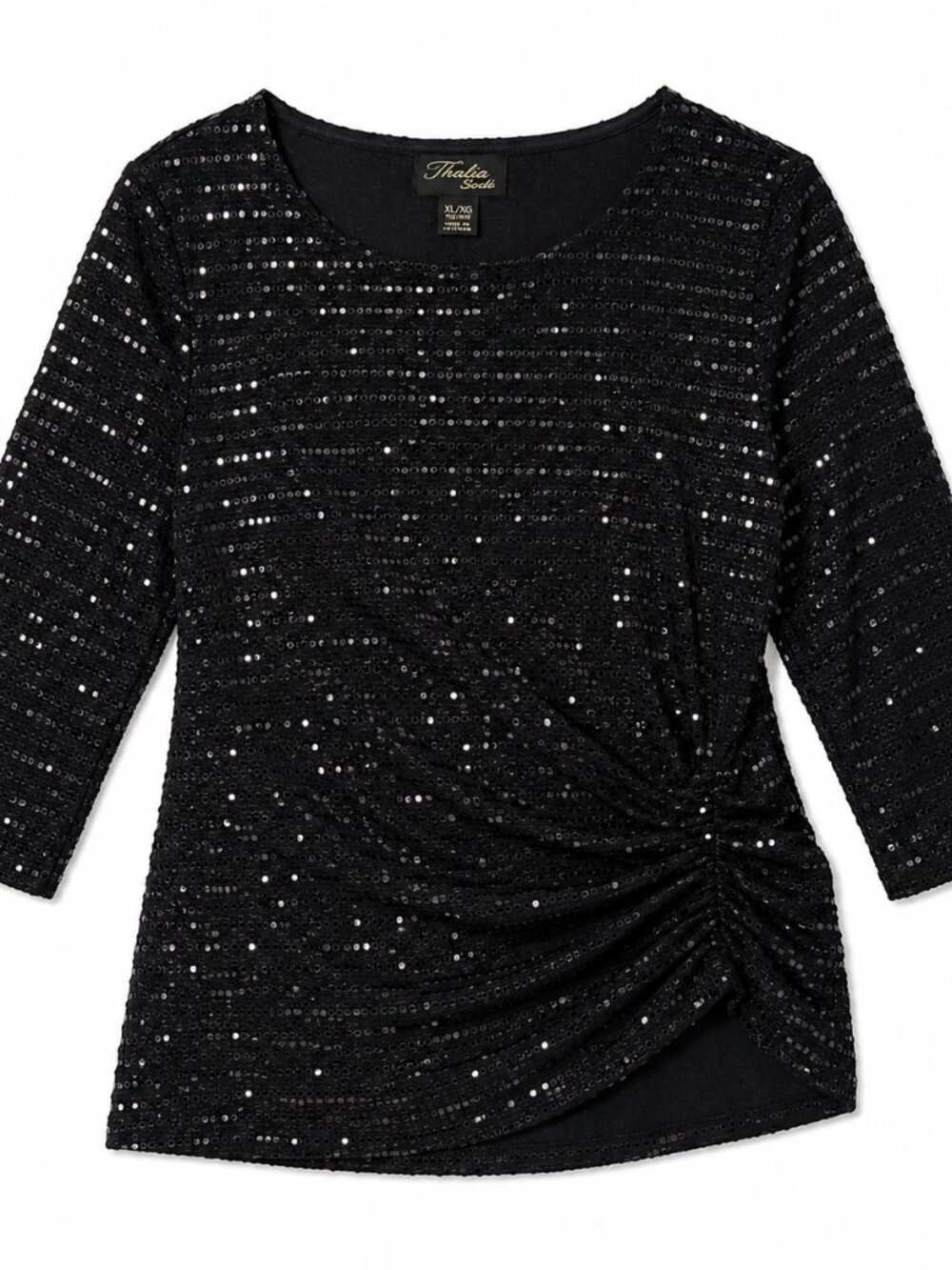 Thalia Sodi Black Sequin Ruched Knit Top 3/4 Sleeve Party Evening Blouse XL